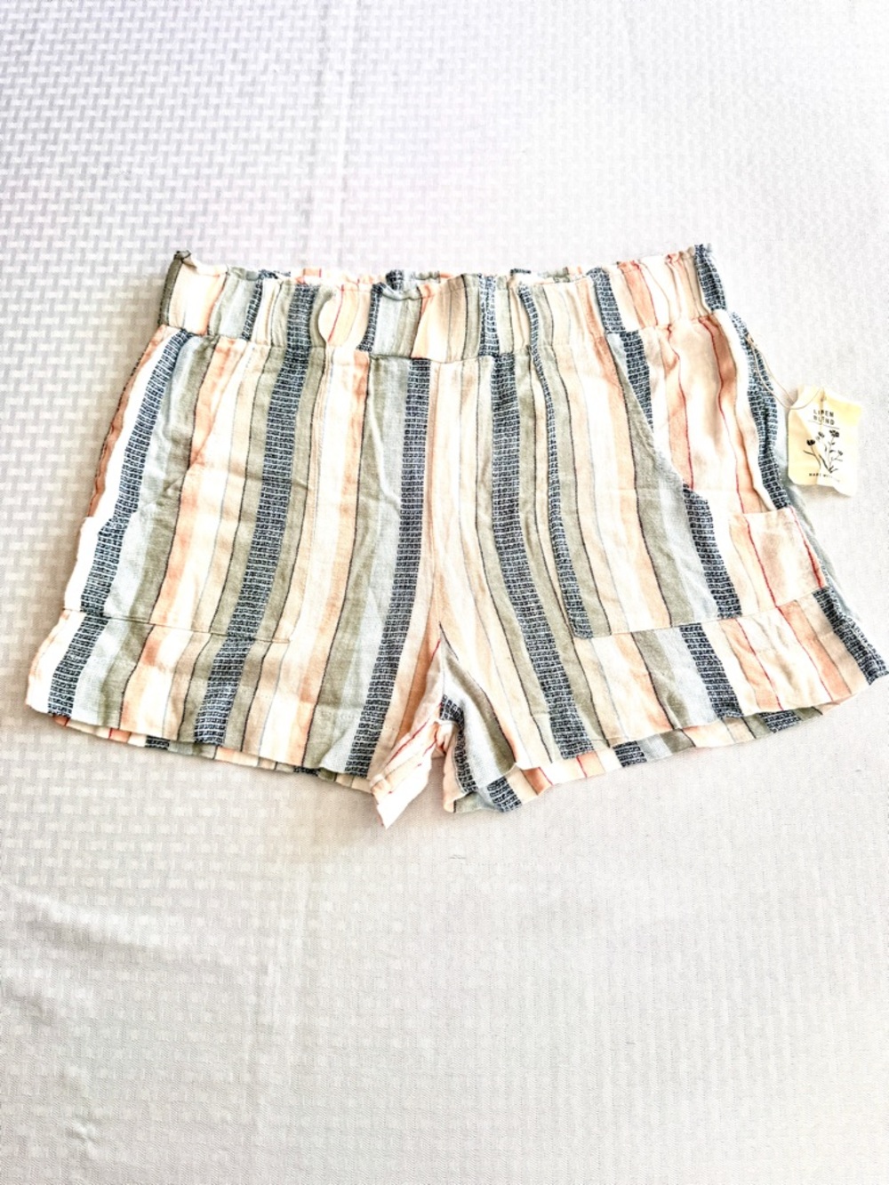 Linen Blend Striped Boho Paperbag Shorts Indigo Rein XL High Rise Beach